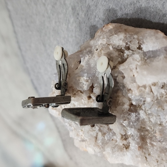 Vintage Geometric Rhinestone Clip-On Earrings | Brutalist Mid-Century Style - Picture 3 of 4
